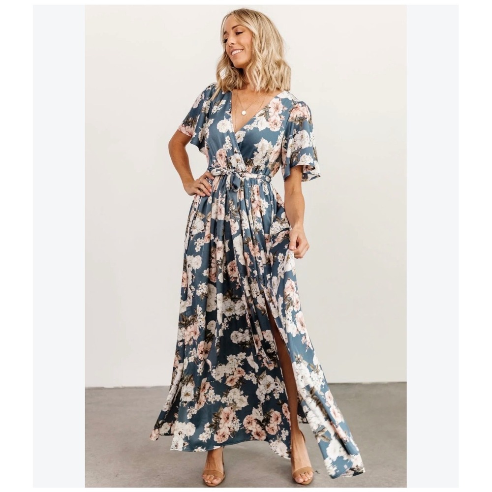 Baltic Born Dusty Blue Floral Maxi Dress V-Neck Flutter Sleeve Wedding Guest M